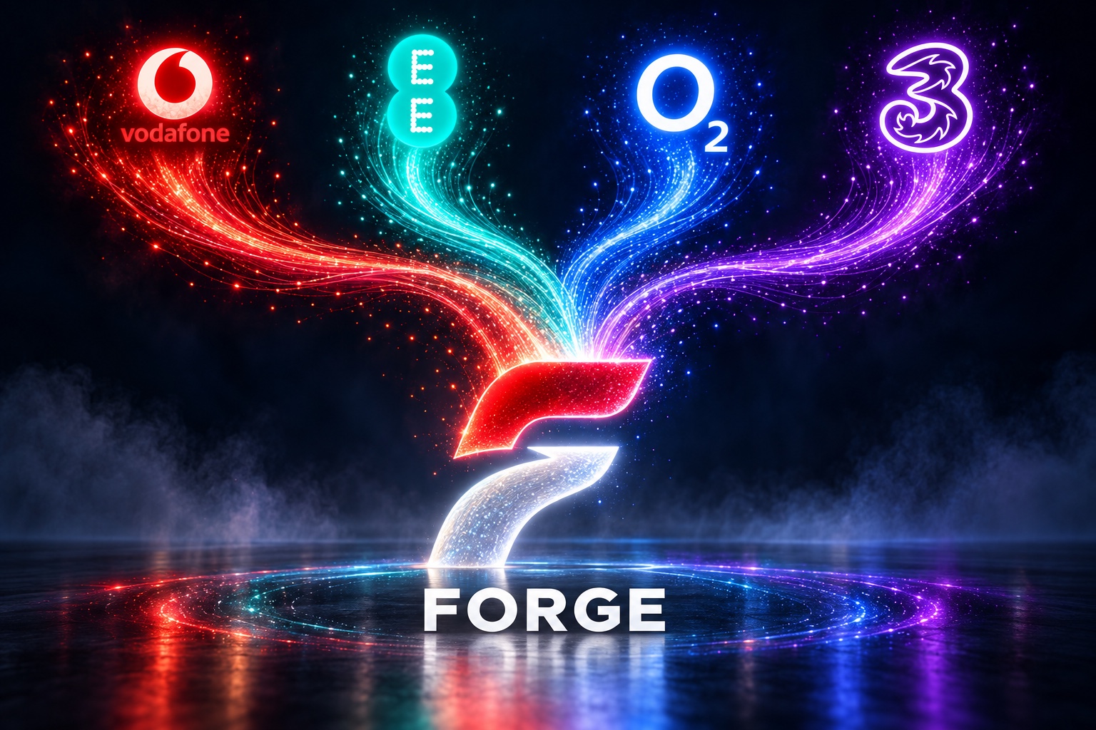 Four streams of light connect Vodafone, EE, O2 and Three to the Forge symbol